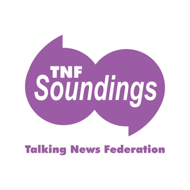 TNF Soundings Logo. The text TNF Soundings in white over a pair of large purple single quotation marks. Below that the text Talking News Federation.